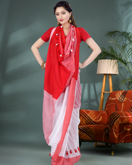Red & White Pom Pom Design Bengali Tant Pure Cotton Saree for Women