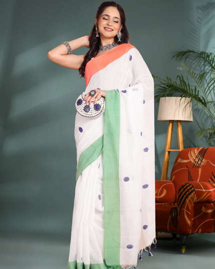 Women's Tri Color Handloom Pure Cotton Saree With Blouse Piece – Orange, White, Green (Independence Day Special)
