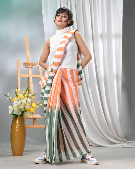 Women’s Tri-Color Tant Cotton Saree Stripe Design with Blouse Piece – Independence Day Edition