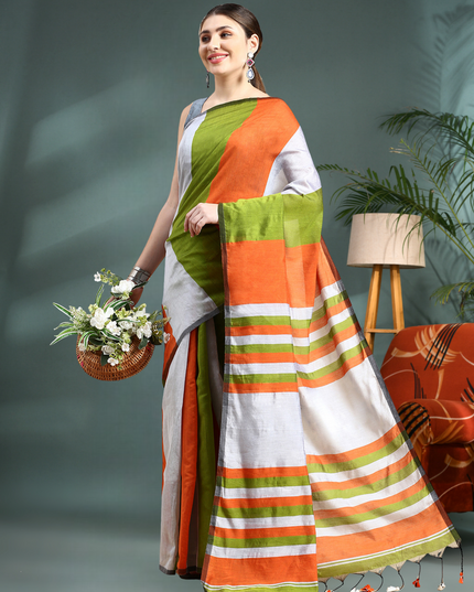 Women's Gitcha Cotton Silk Tri Color Saree with Blouse (Orange Silver Green)