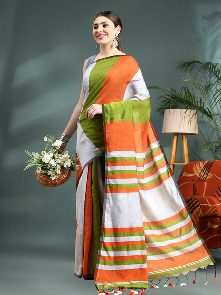 Women's Gitcha Cotton Silk Tri Color Saree with Blouse (Orange Silver Green)