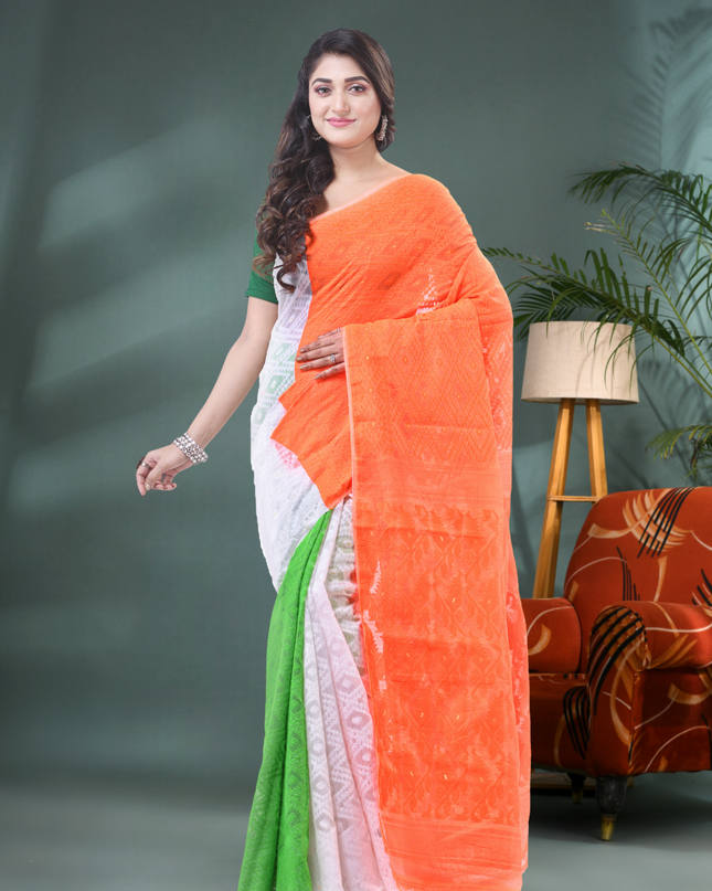Women's Tri Color Pure Cotton Handloom Jamdani Saree (Orange White Green)