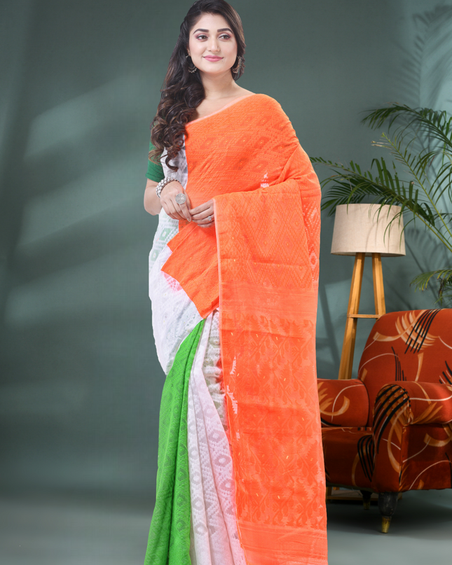 Women's Tri Color Pure Cotton Handloom Jamdani Saree (Orange White Green)