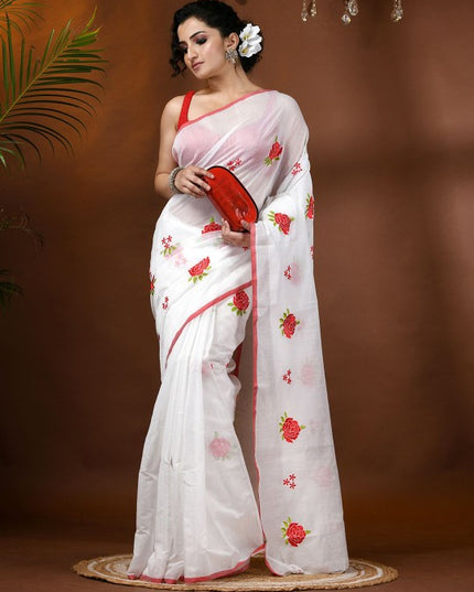 DESH BIDESH Elegant Floral Embroidered White Cotton Blend Saree with Blouse Piece