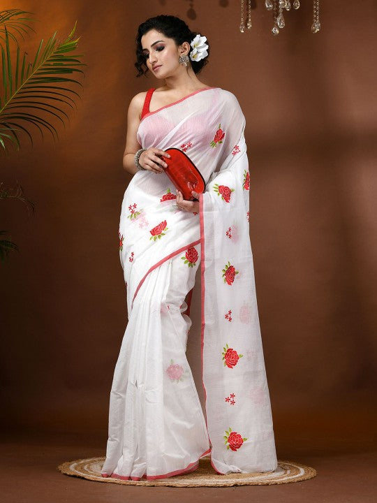 DESH BIDESH Elegant Floral Embroidered White Cotton Blend Saree with Blouse Piece