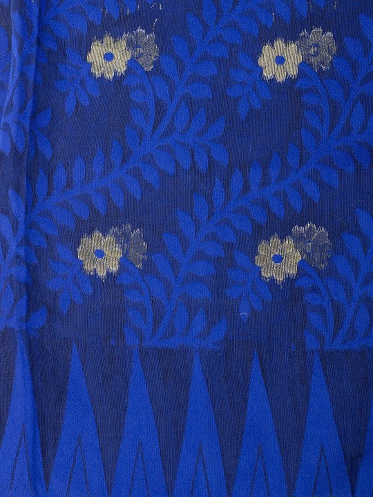 DESH BIDESH Women's Royal Blue Floral Jamdani Pure Cotton Saree with Woven Design