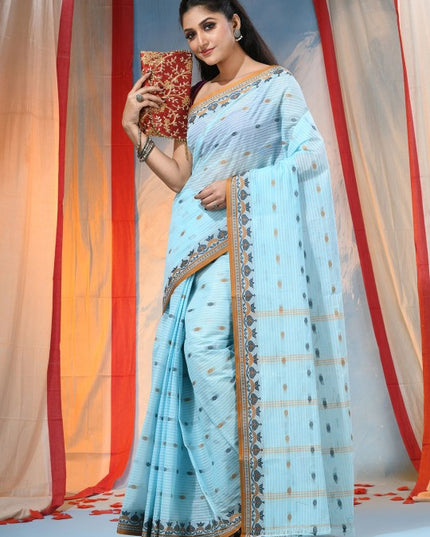 DESH BIDESH Blue & Orange Ethnic Motifs Pure Cotton Woven Design Saree