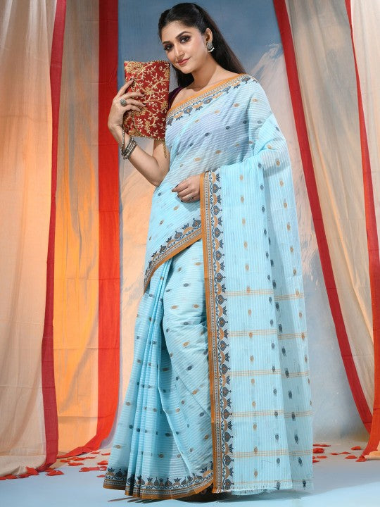 DESH BIDESH Blue & Orange Ethnic Motifs Pure Cotton Woven Design Saree
