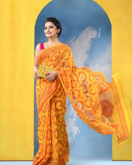 DESH BIDESH Yellow & Orange Ethnic Motifs Jamdani Cotton Blend Saree with Blouse Piece