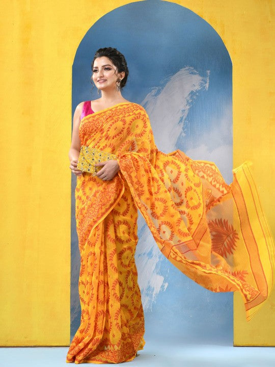 DESH BIDESH Yellow & Orange Ethnic Motifs Jamdani Cotton Blend Saree with Blouse Piece