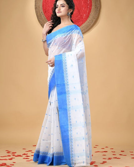 Exquisite White & Blue Pure Cotton Taant Saree with Phulkari Floral Design