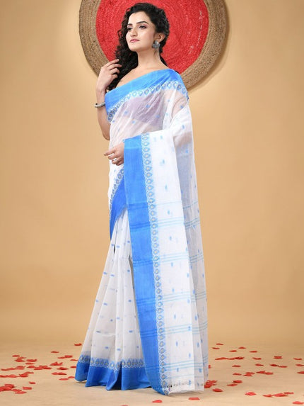 Exquisite White & Blue Pure Cotton Taant Saree with Phulkari Floral Design
