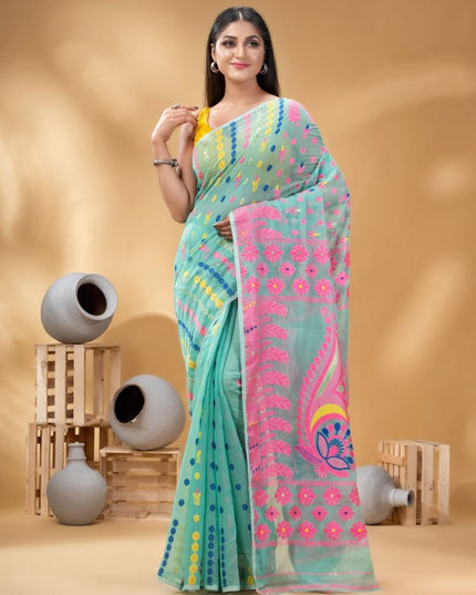 DESH BIDESH Turquoise Blue Pink Pure Cotton Jamdani Saree with Ethnic Motifs