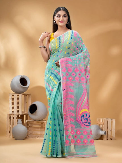 DESH BIDESH Turquoise Blue Pink Pure Cotton Jamdani Saree with Ethnic Motifs