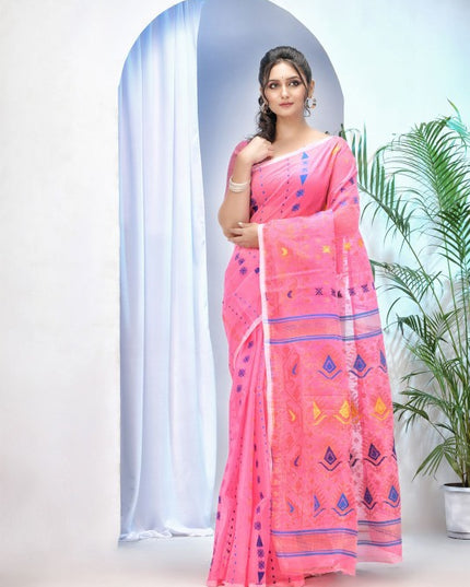 DESH BIDESH Pink Woven Design Jamdani Saree for Women