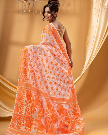 DESH BIDESH Elegant Handcrafted Floral Woven Pure Cotton Jamdani Saree