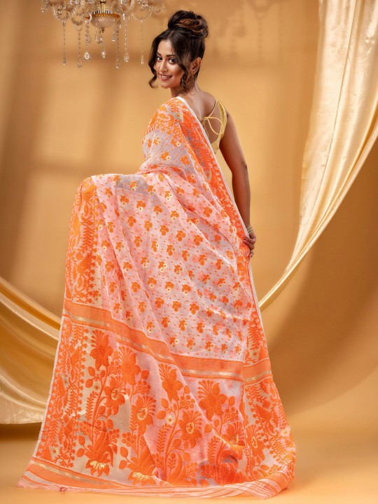 DESH BIDESH Elegant Handcrafted Floral Woven Pure Cotton Jamdani Saree