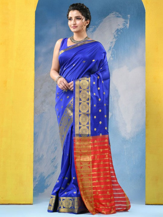 Exquisite Royal Blue Woven Design Zari Kanjeevaram Saree with Blouse Piece