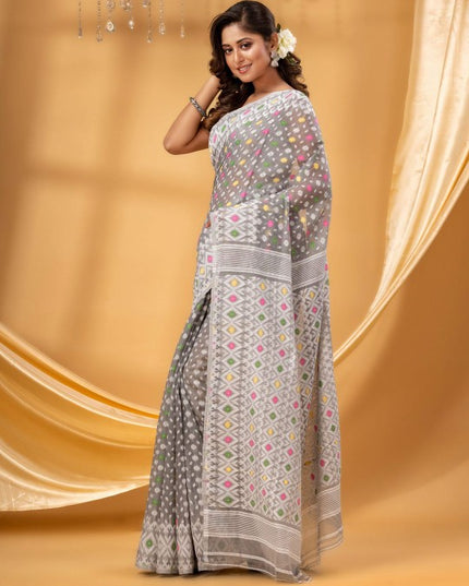 Exquisite Floral Printed Pure Cotton Jamdani Saree with Blouse Piece