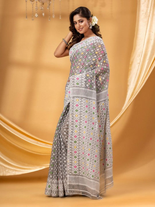 Exquisite Off-White Floral Printed Pure Cotton Jamdani Saree with Blouse Piece