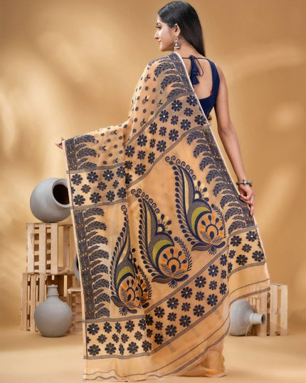 Exquisite Pure Cotton Handloom Jamdani Saree with Woven Design Border for Women