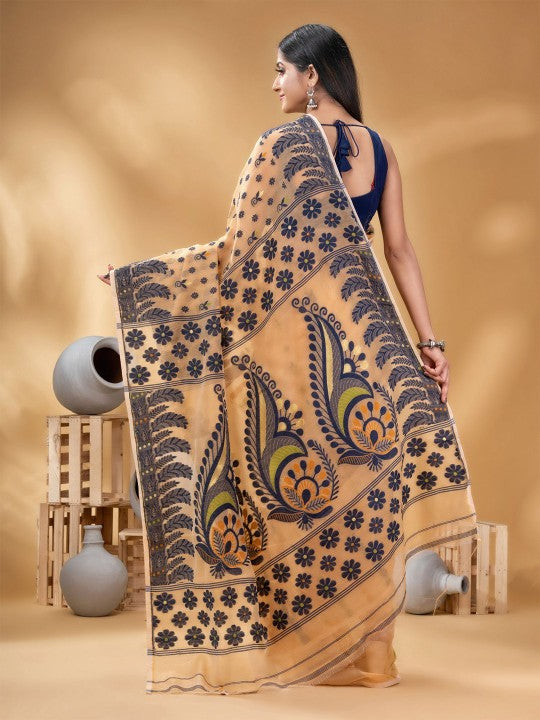 Exquisite Pure Cotton Handloom Jamdani Saree with Woven Design Border for Women