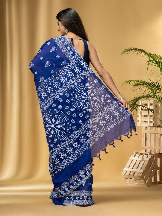 DESH BIDESH Blue Ethnic Motifs Pure Cotton Taant Saree