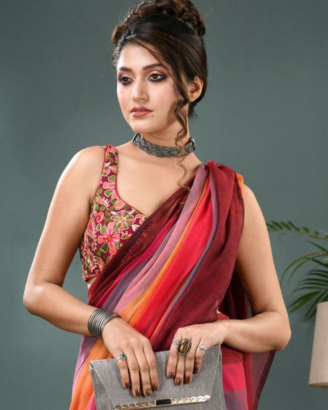 DESH BIDESH Striped Pure Cotton Saree