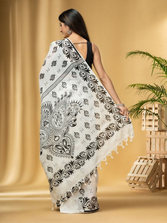 Exquisite Pure Cotton Taant Saree: Elegant Ethnic Motifs with Printed Border
