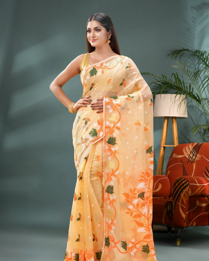 Women’s Kaveri Flower Design Dhakai Jamdani Bengal Pure Cotton Handloom Saree – Without Blouse Piece