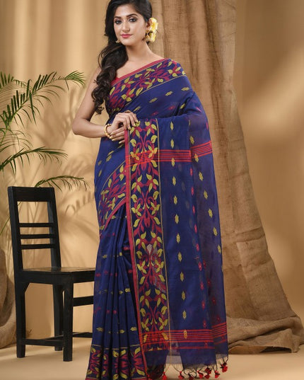 DESH BIDESH Floral Woven Taant Saree: Elegant Blue and Red Design