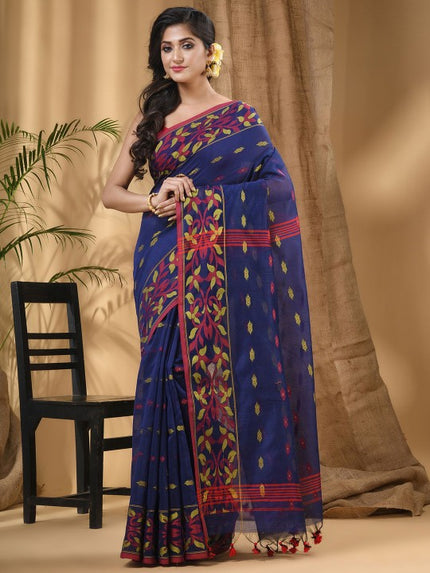 DESH BIDESH Floral Woven Taant Saree: Elegant Blue and Red Design