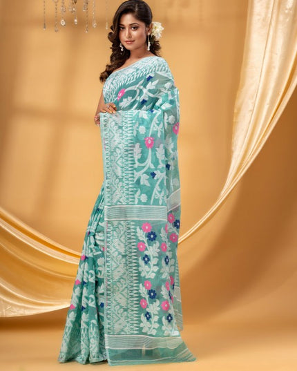 DESH BIDESH Women's Floral Pure Cotton Jamdani Saree: Ready-to-Wear Elegance