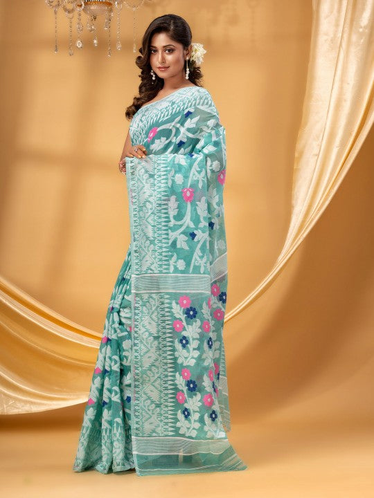 DESH BIDESH Women's Floral Pure Cotton Jamdani Saree: Ready-to-Wear Elegance