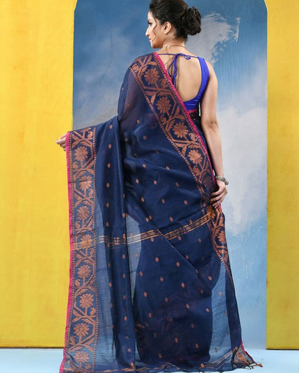DESH BIDESH Women's Navy Blue & Pink Woven Design Zari Cotton Blend Saree