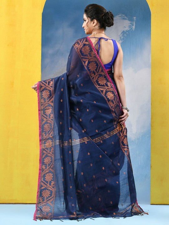 DESH BIDESH Women's Navy Blue & Pink Woven Design Zari Cotton Blend Saree
