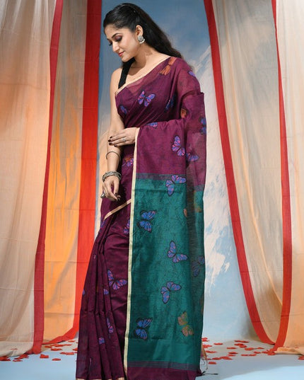 Exquisite Maroon & Green Ethnic Motifs Zari Saree with Woven Design Border
