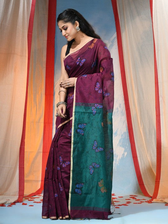 Exquisite Maroon & Green Ethnic Motifs Zari Saree with Woven Design Border