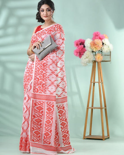 DESH BIDESH Red & White Jamdani Saree with Woven Design Motifs