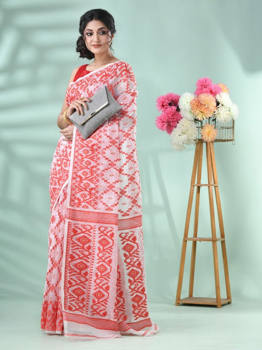 DESH BIDESH Red & White Jamdani Saree with Woven Design Motifs
