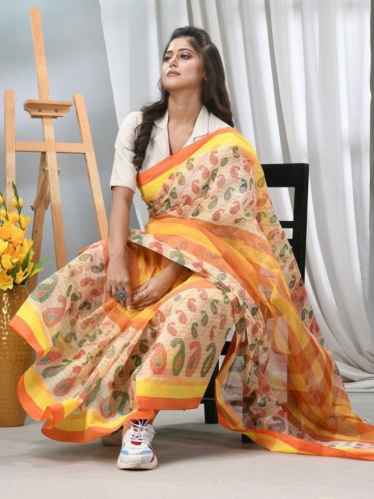 DESH BIDESH Paisley Printed Pure Cotton Taant Saree