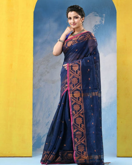 DESH BIDESH Women's Navy Blue & Pink Woven Design Zari Cotton Blend Saree
