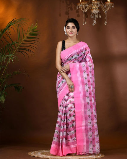 Exquisite Pink & White Pure Cotton Tant Saree with Ethnic Motifs