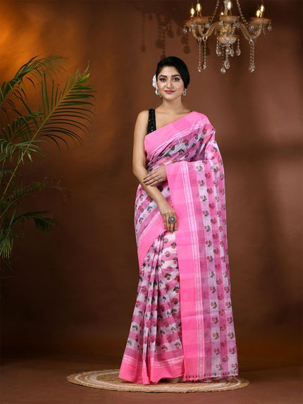 Exquisite Pink & White Pure Cotton Tant Saree with Ethnic Motifs
