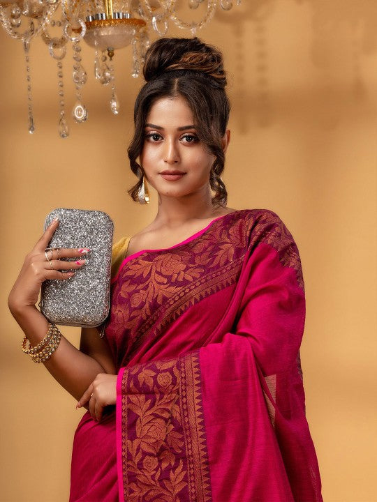 DESH BIDESH Women Red Zari Silk Cotton Handloom Chanderi Saree
