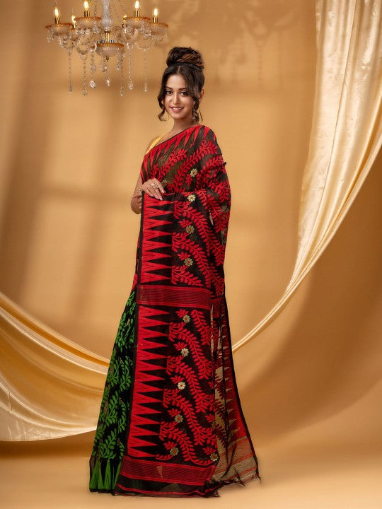 Exquisite DESH BIDESH Pure Cotton Jamdani Saree - Woven Tamarind Leaf Design