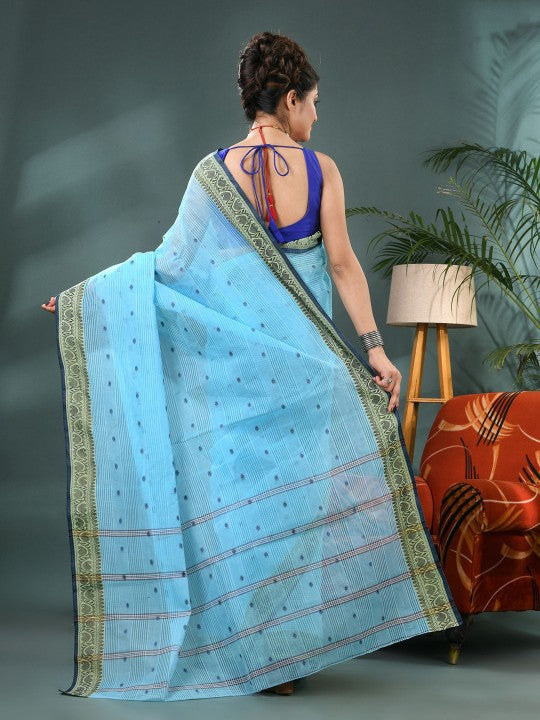 DESH BIDESH Striped Pure Cotton Taant Saree with an unstitched blouse piece