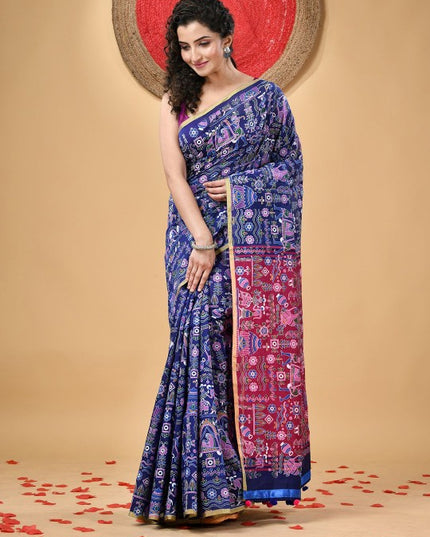 DESH BIDESH Women's Blue & Pink Ethnic Motifs Printed Zari Saree with Blouse Piece