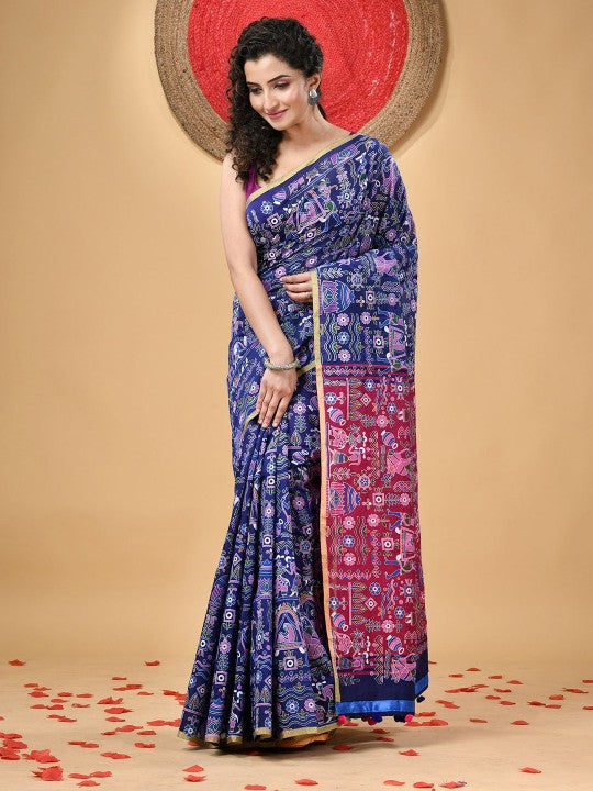 DESH BIDESH Women's Blue & Pink Ethnic Motifs Printed Zari Saree with Blouse Piece