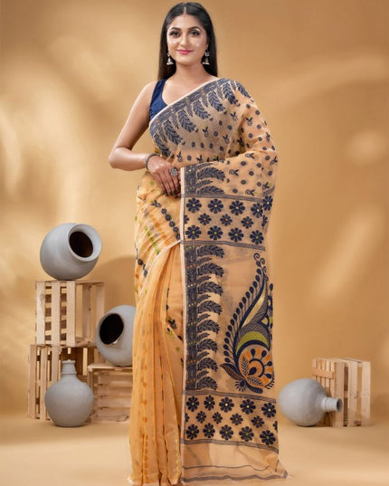 Exquisite Pure Cotton Handloom Jamdani Saree with Woven Design Border for Women